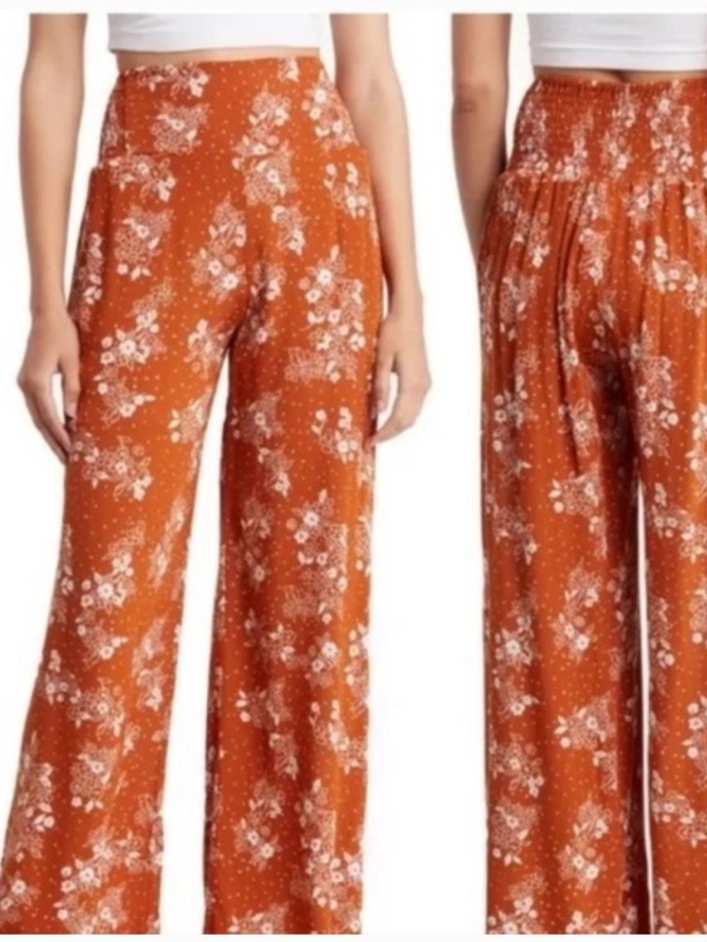 3 Dots Orange Floral Wide Leg Pants Size Medium Boho High Rise Flowy Palaz